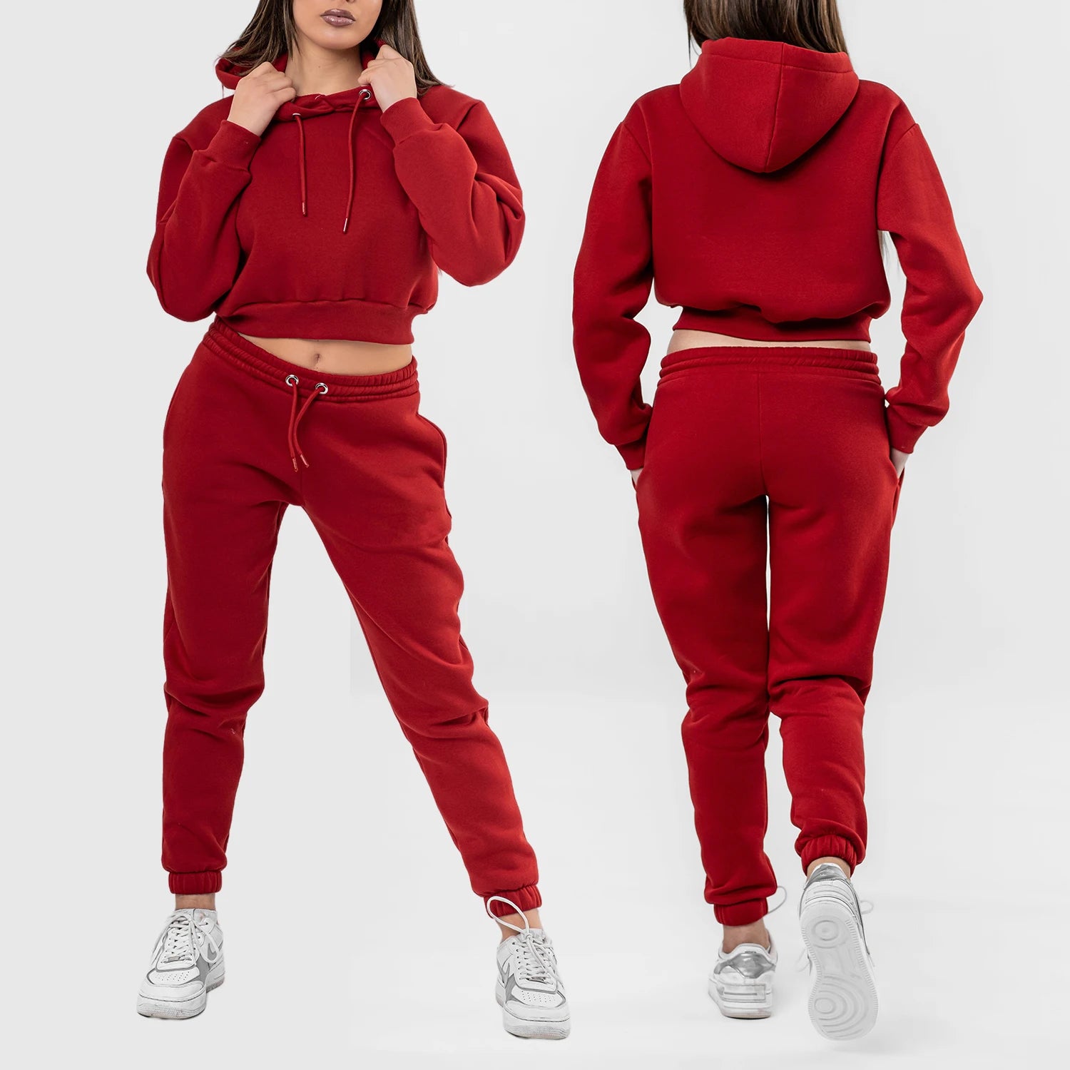 OEM Women's Jogging Set Elastic Drawstring Cropped Hoodie Sweatshirt and High Waist Sweatpants Shorts Training Suit