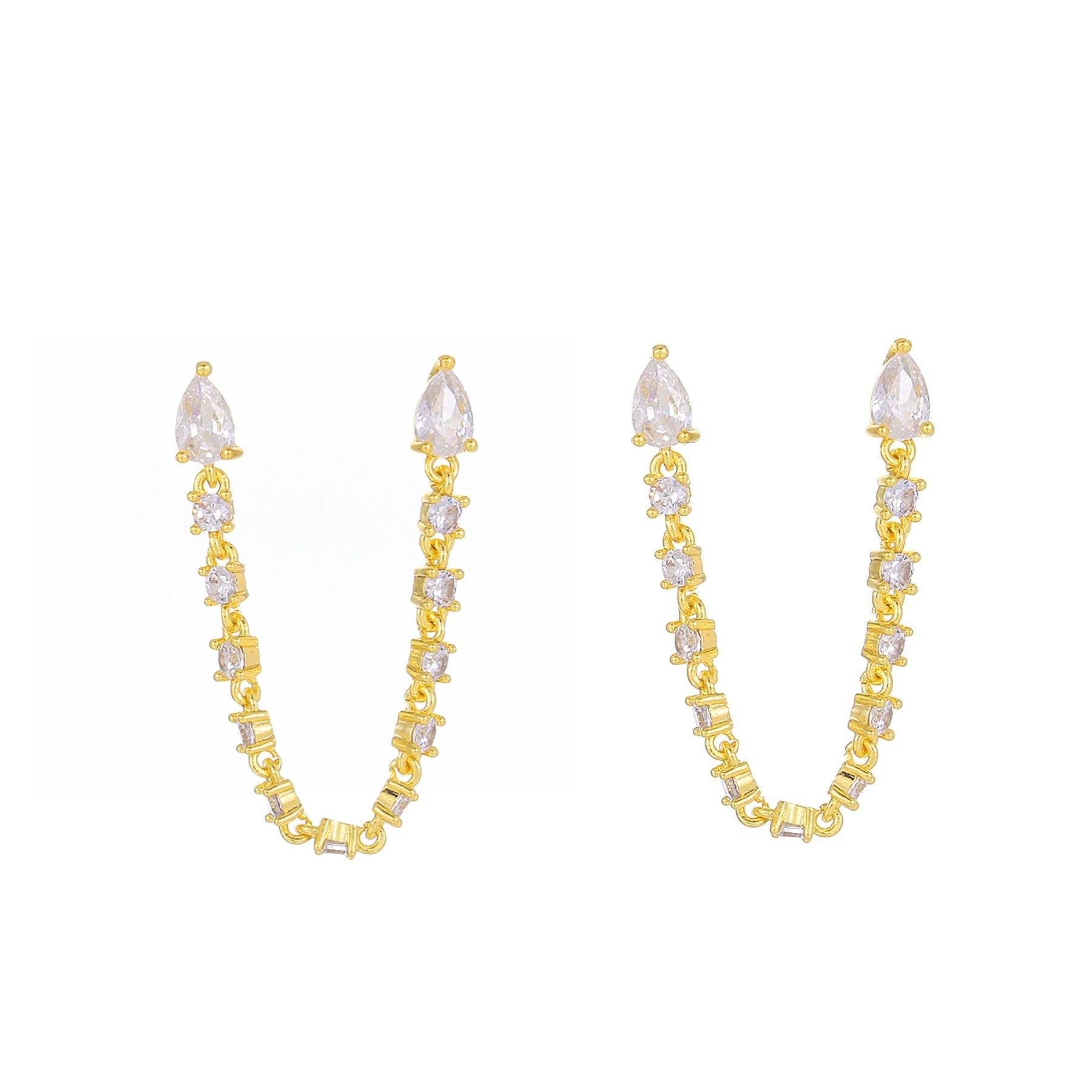 Fashion Gold Plated Link Chain Shaped Women Girl Stud Chain Zircon Earings