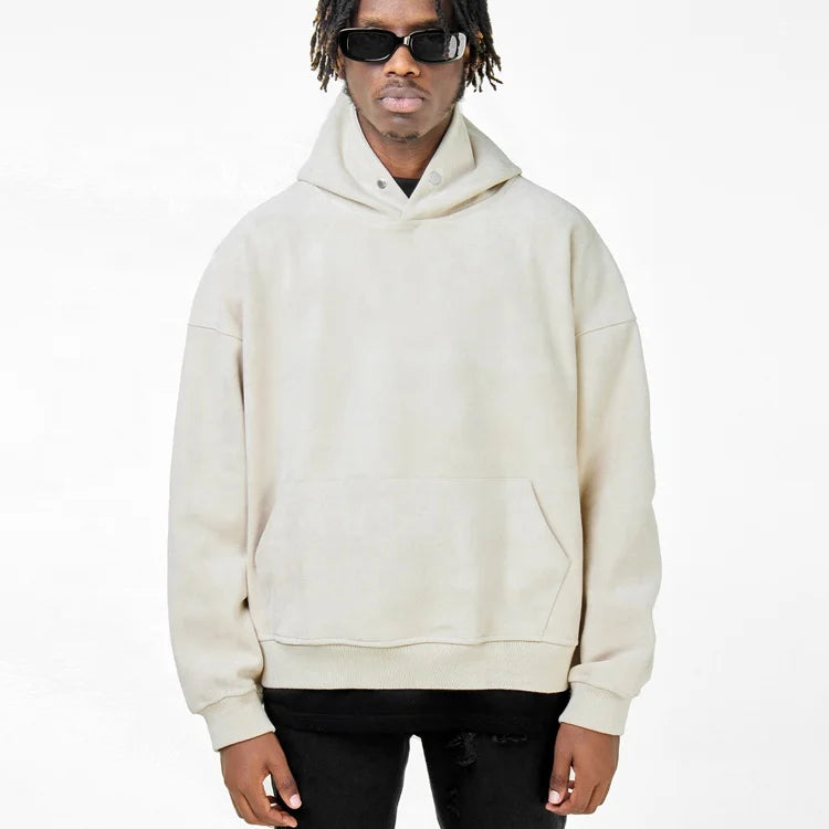 OEM Factory Men Oversized Artificial Suede Fabric Matte  Pullover Hoodie Cropped Fit With Stud