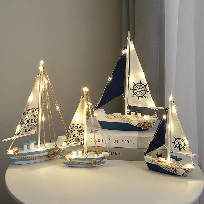 New LED Sailboat Model HYG12 Mediterranean Style Wooden Sailing Boat Ornaments for Boy Birthday Gift