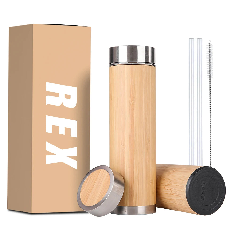 Eco-friendly Double Wall Tea Infuser Insulated Vacuum Stainless Steel Bamboo Lid Water Bottle