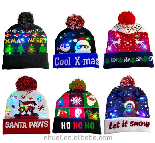 New Winter Festival Xmas Party Santa Pompom Led Hats Kids Led Light-up Caps Women Men Led Christmas Knitted Beanies Hat