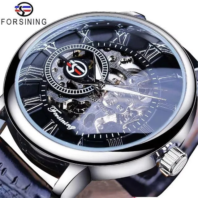 Forsining Men's Transparent Skeleton Mechanical Watch 20mm Leather Band Automatic Oval Case Sporty Relojes Hombre Montre Homme