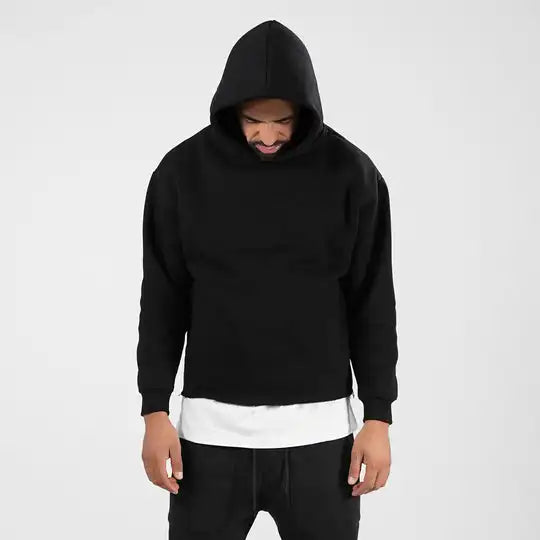 Premium Men's Basic Hoodies Raw Hem Cut Loose Cozy Heavy Fitting Monk Style Embroidered Design-Cotton Polyester Fleece Fabrics