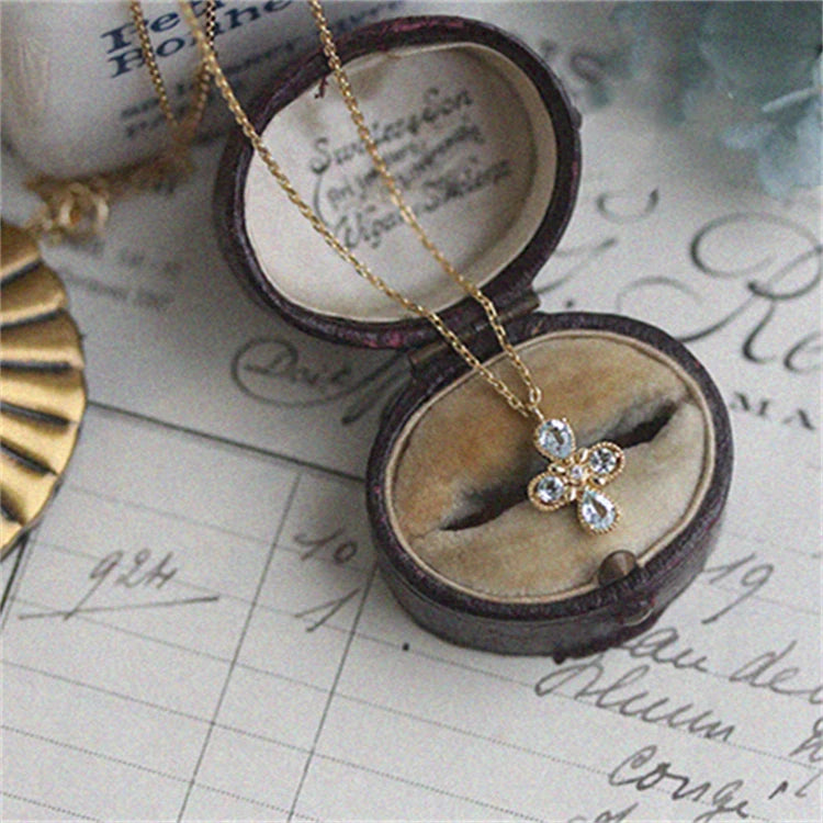 Light Luxury Women Necklace Blue Zircon Cross Pendant Plain Silver Necklace