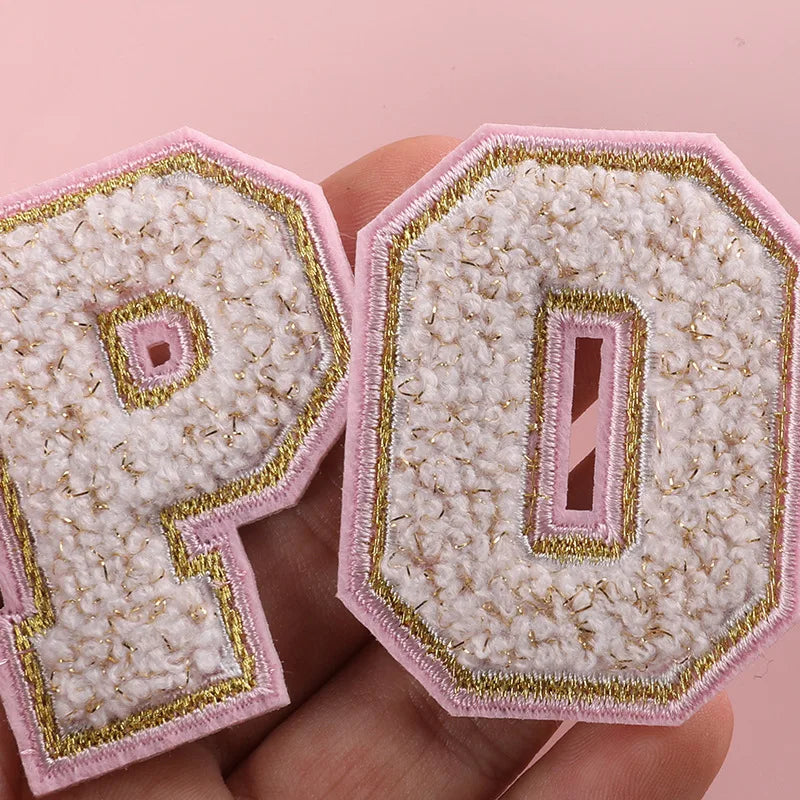 Customized Handmade Embroidered Pink Alphabet Iron-On Chenille Letter Patches with Sequins and PVC for DIY Hat Decoration