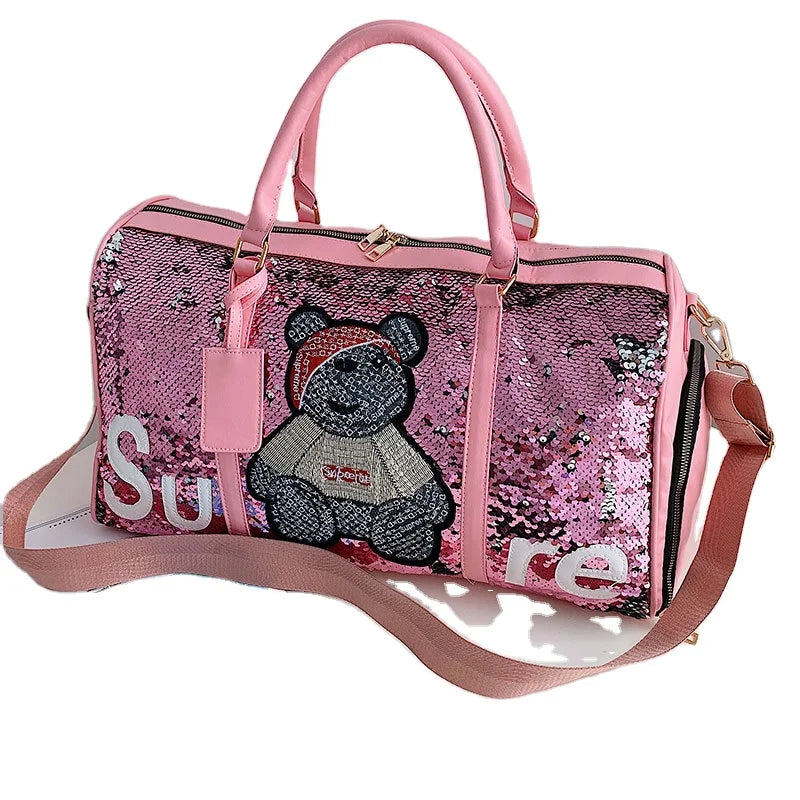 2022 Customized Red Glitter Sequin Travel Organizer Handbag for Women Wholesale Ladies Luggage with Zipper Closure