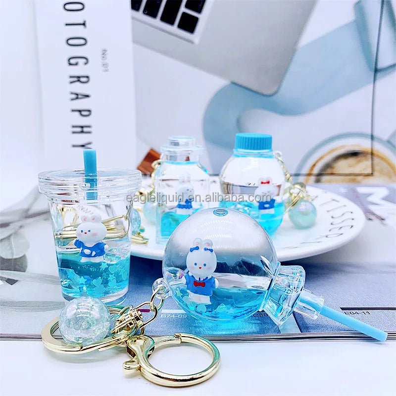 3D Acrylic Cute Keyring Bubble Key Chain Ring Creative Milk Tea Filed Liquid Oil Blue Rabbit Quicksand Floating Keychain