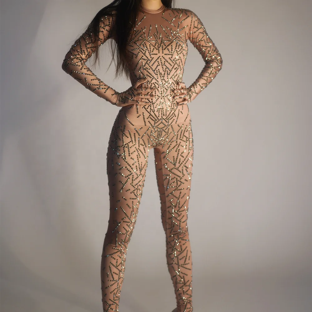Sexy Boutique Clothing Nude Pole Dancing Leotard Showgirl Bodycon Rompers Women Rhinestone Bodysuits Female Diamond Jumpsuits
