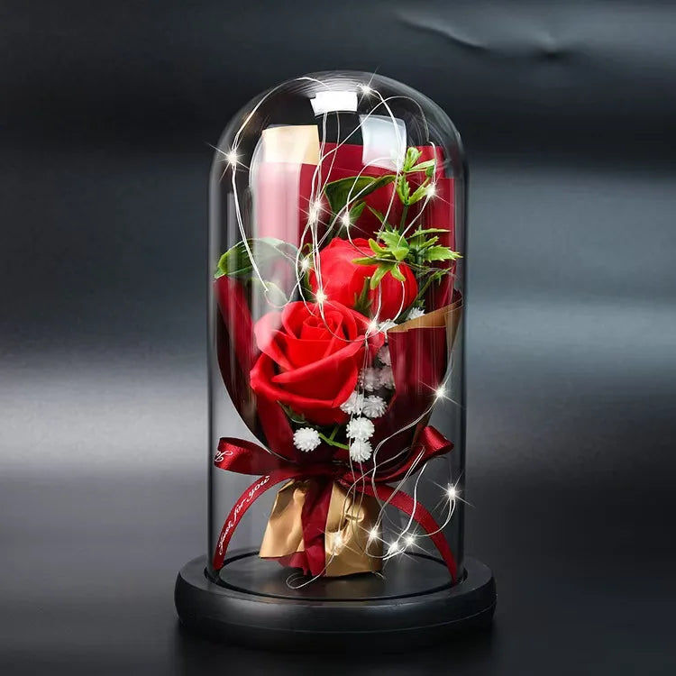 Luxury Valentine's Day Gift Immortal Flower Glass Dome With Light and Wooden Base Preserved Roses Bouquet in Glass Dome
