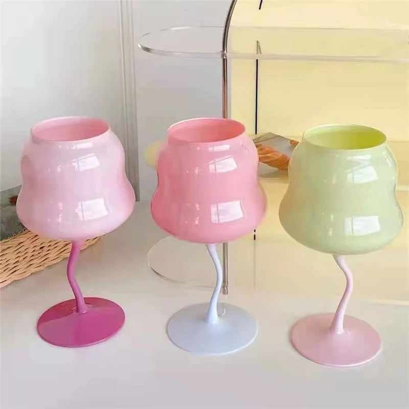 Wholesale Custom Printed Long Stem Crooked Stem Modern Luxury Multi-Color Valentine Whiskey Brandy Red Wine Glass Design