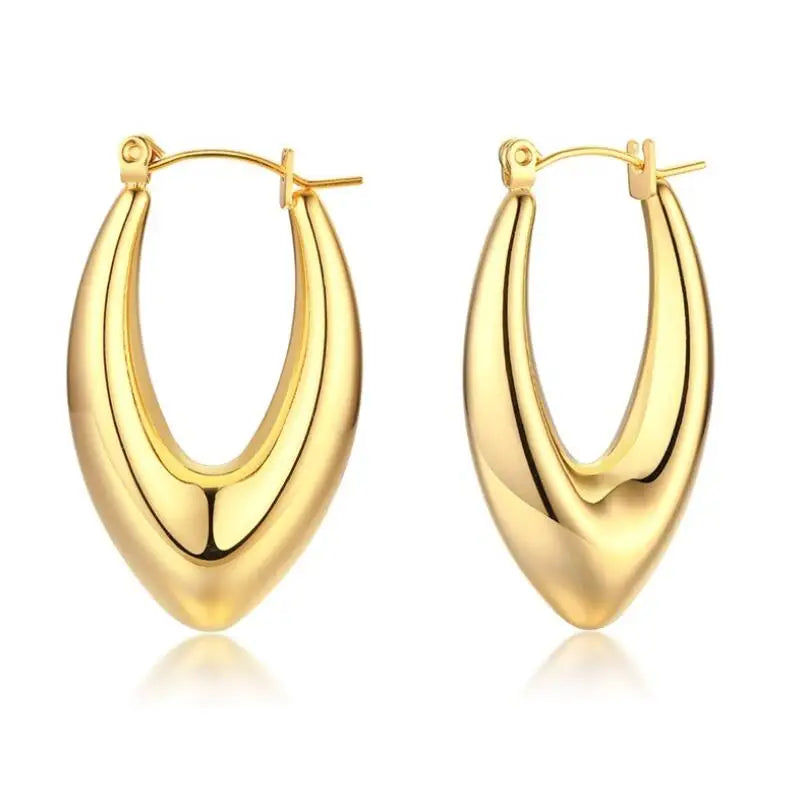 Bohemian Stainless Steel Gold Chunky Hoops Dainty V Shaped Oval Round Thick Hoop Earrings Gold Plated