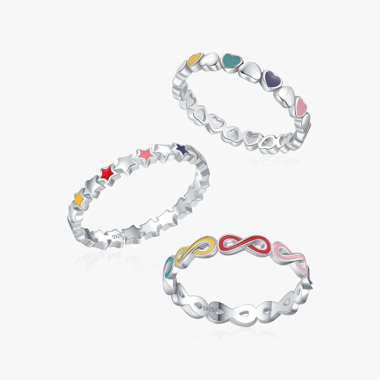 925 Sterling Silver Delicate Stacking Rings Heart Star Infinity Rainbow Color Enamel Finger Rings for Women Fine Jewelry