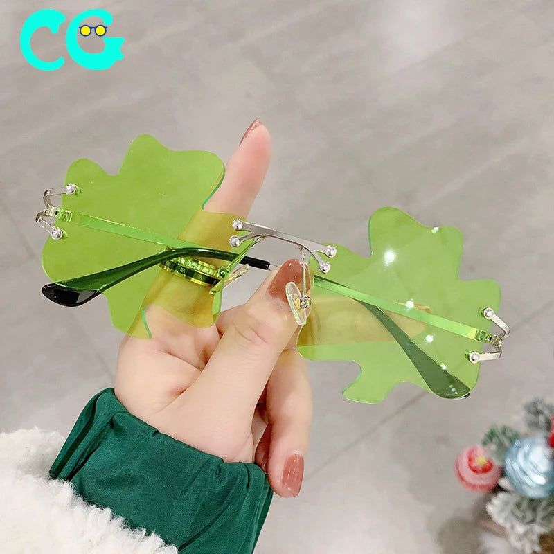 St Patrick's Day Irish Shamrock Sunglasses Green Four Leaf Clover Sun Glasses for Men Women Fashion Rimless Irregular Sunglass