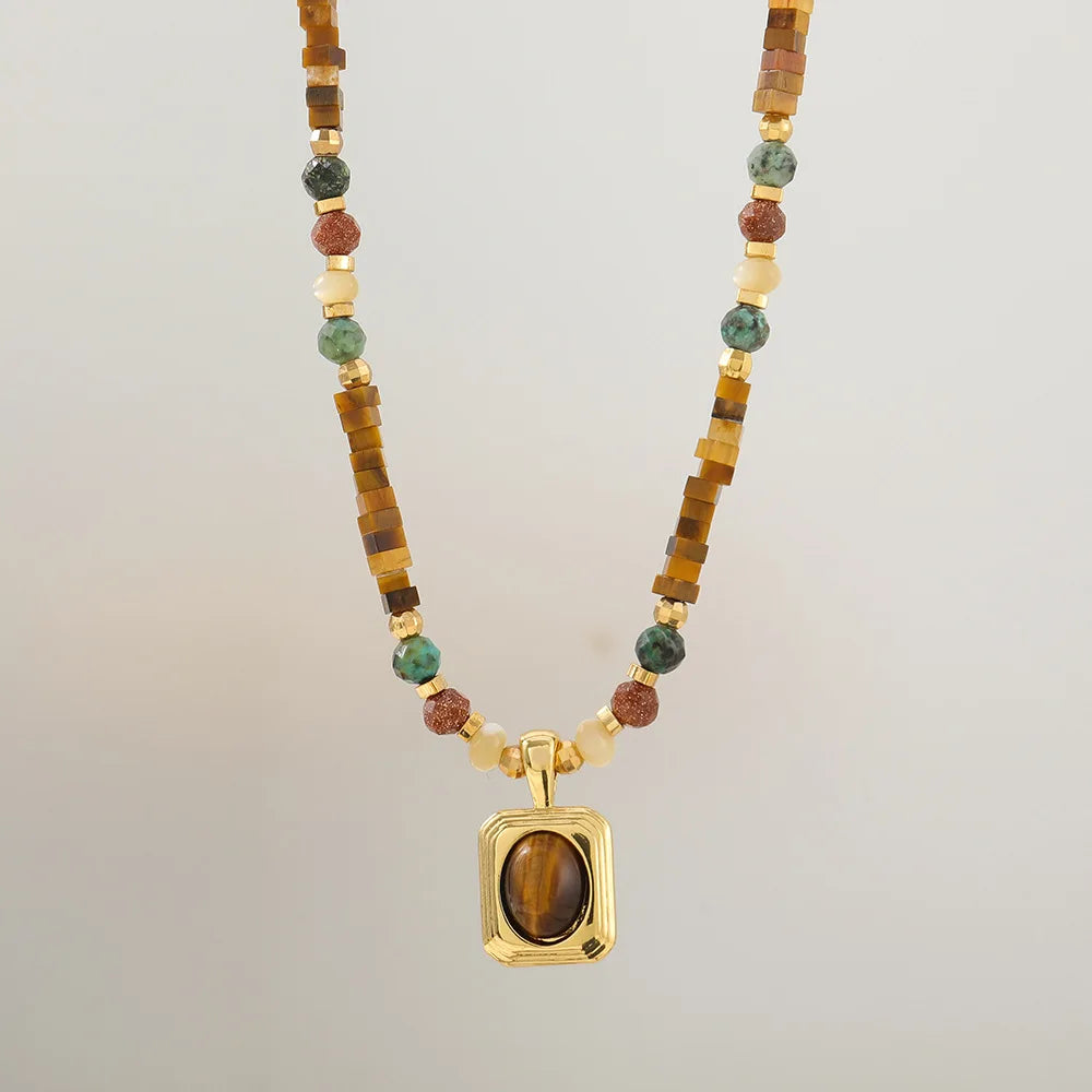 18k Real Gold Plated Fashion Turquoise Shell Gold Sand Natural Stone Antique Amber Bead Necklace Women
