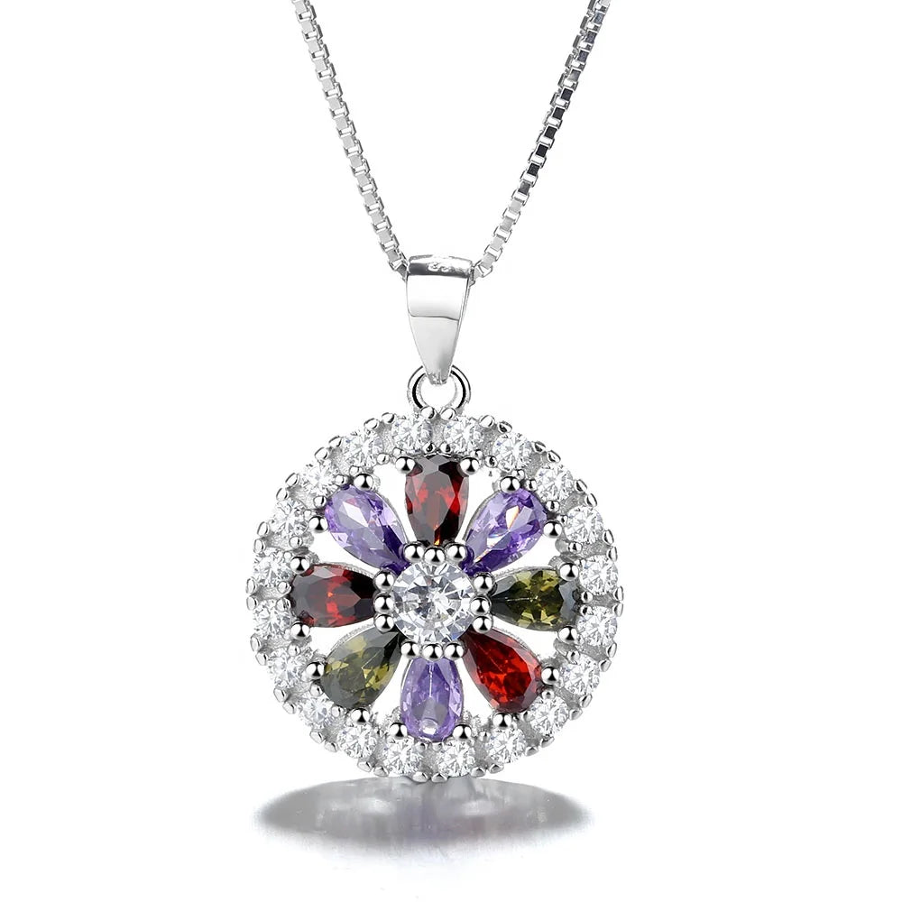 Stylish and Elegant 925 Sterling Silver Round Pendant Necklace  Color Stone