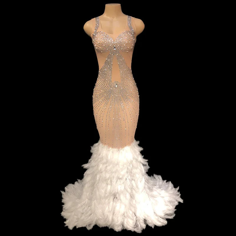 Sleeveless Feather Dresses Mermaid Tail Sequin Dresses Club Wear Elegant Evening Dress Vestidos De Gala