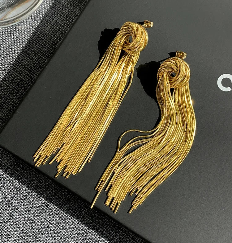 New Fashion Personality Cold Wind Brass Plated 18k Gold Knotted Long Tassel Earrings Jewelry Customization