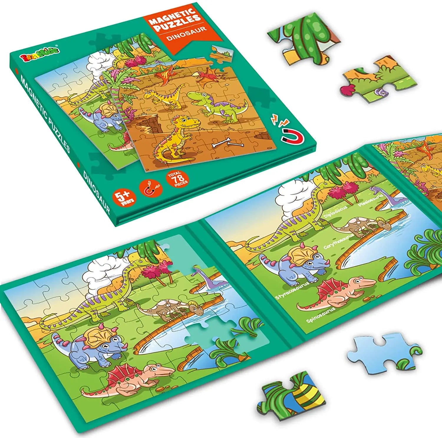 Dinosaur Puzzles Foldable Magnetic Jigsaw Puzzles Book Road Trip Travel Games and Travel Toys