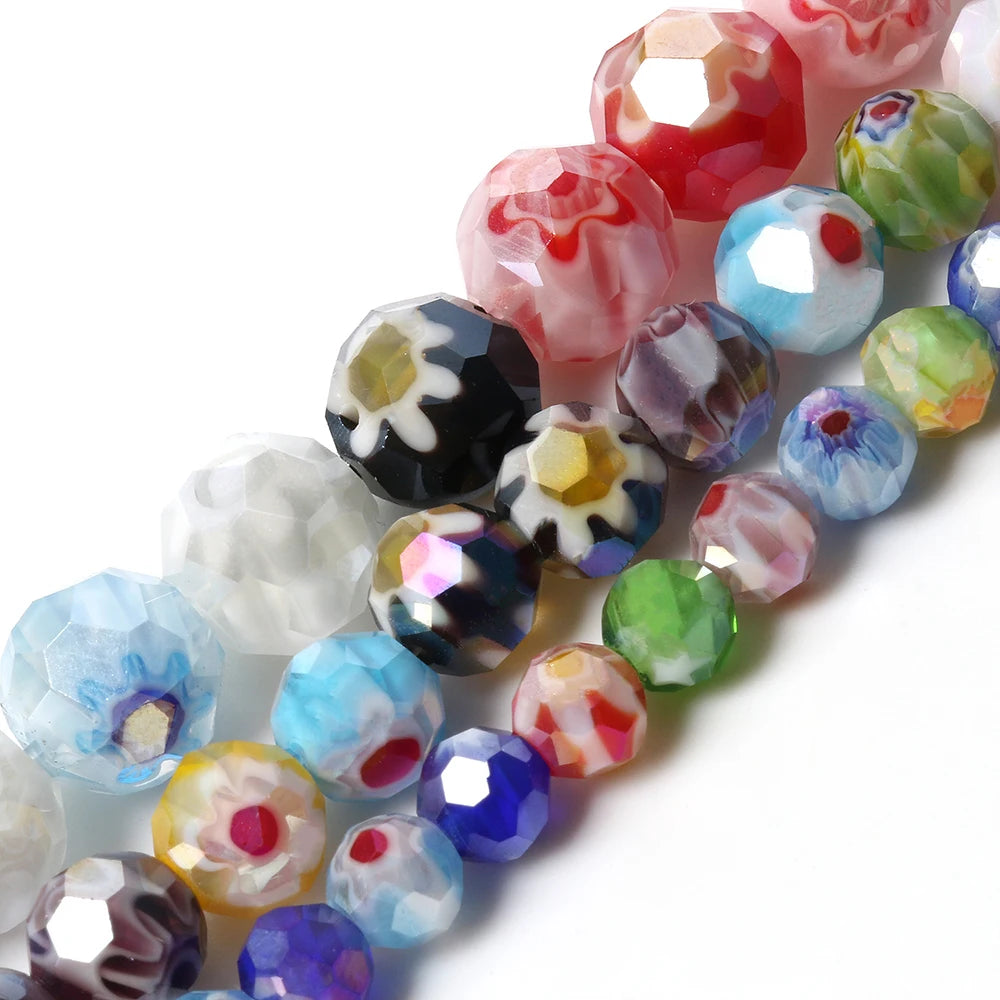 New Multi Colors 6/8MM Ball Shape Faceted AB Color Millefiori Lampwork Loose Glass Beads KUOYU Brand for DIY Jewelry Making
