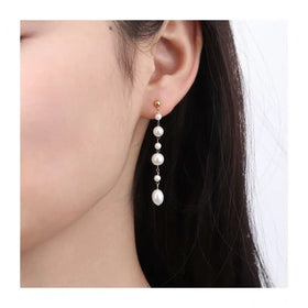 Chris April 316L Stainless Steel PVD Gold Plated Glass Pearls Freshwater Pearl Tassels Long Drop Earrings