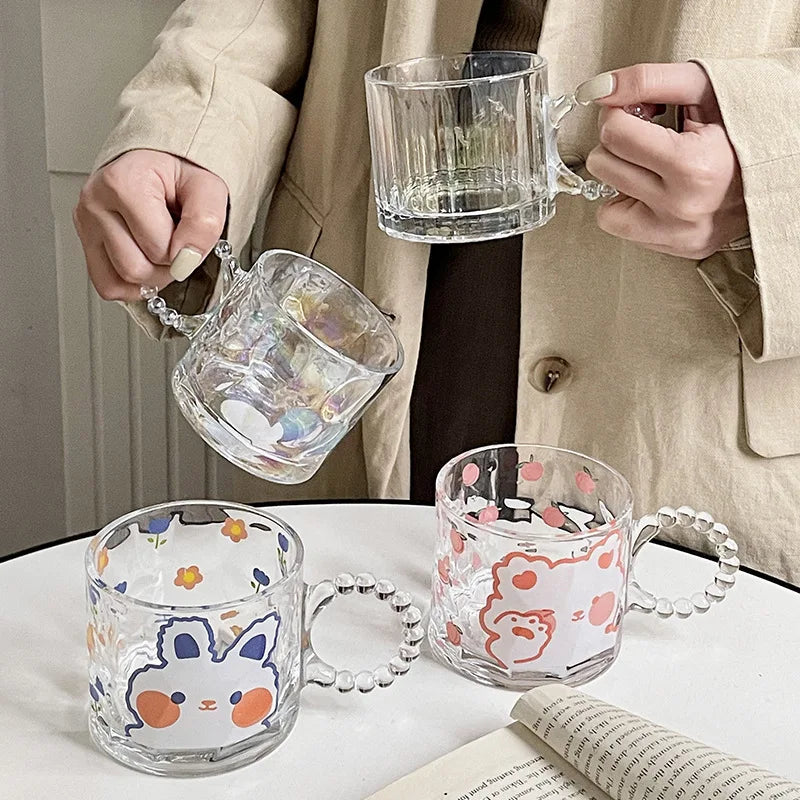 New Colorful Glass Pearl Handle Gradient Aurora Drink Coffee Hand Gift Cup Cartoon Rabbit Glass Water Cup