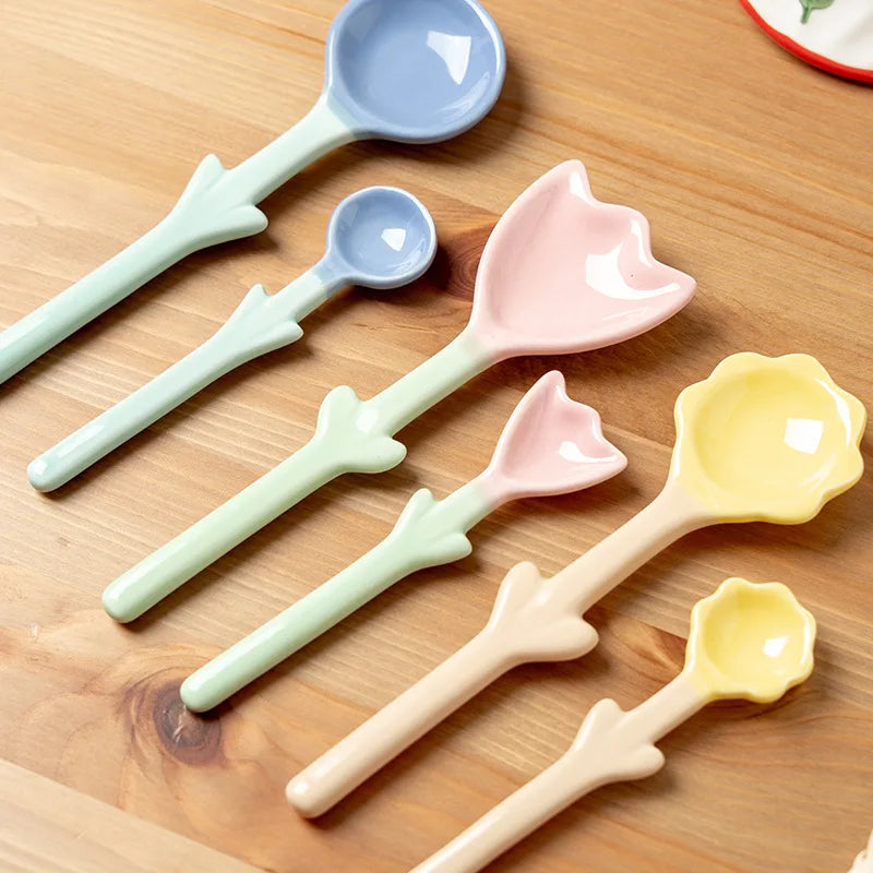 Ins Three-dimensional Tulip Shape Ceramic Coffee Spoon Breakfast Dessert Ice Cream Spoon