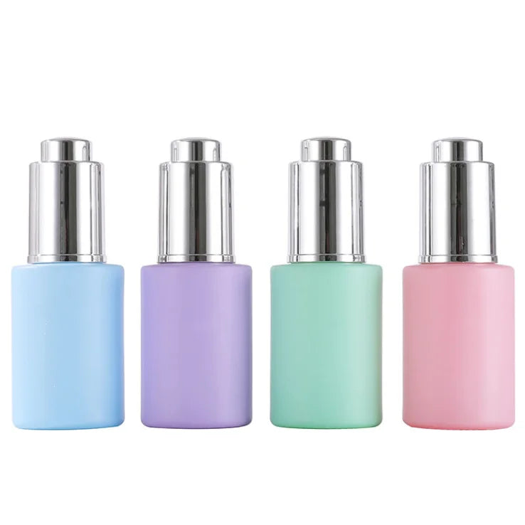 Wholesale Silver Essence Pump Bottle 30ml 1oz Flat pink Blue Purple Green Lotion Glass Cosmetic Bottle