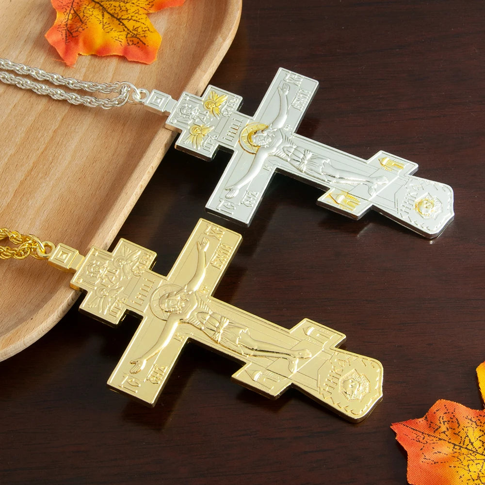 Orthodox Pectoral Cross Fashion Byzantine Cross Gold Plated Crucifix Cross Necklace Pendant for Bishop Pastor Religion Gift