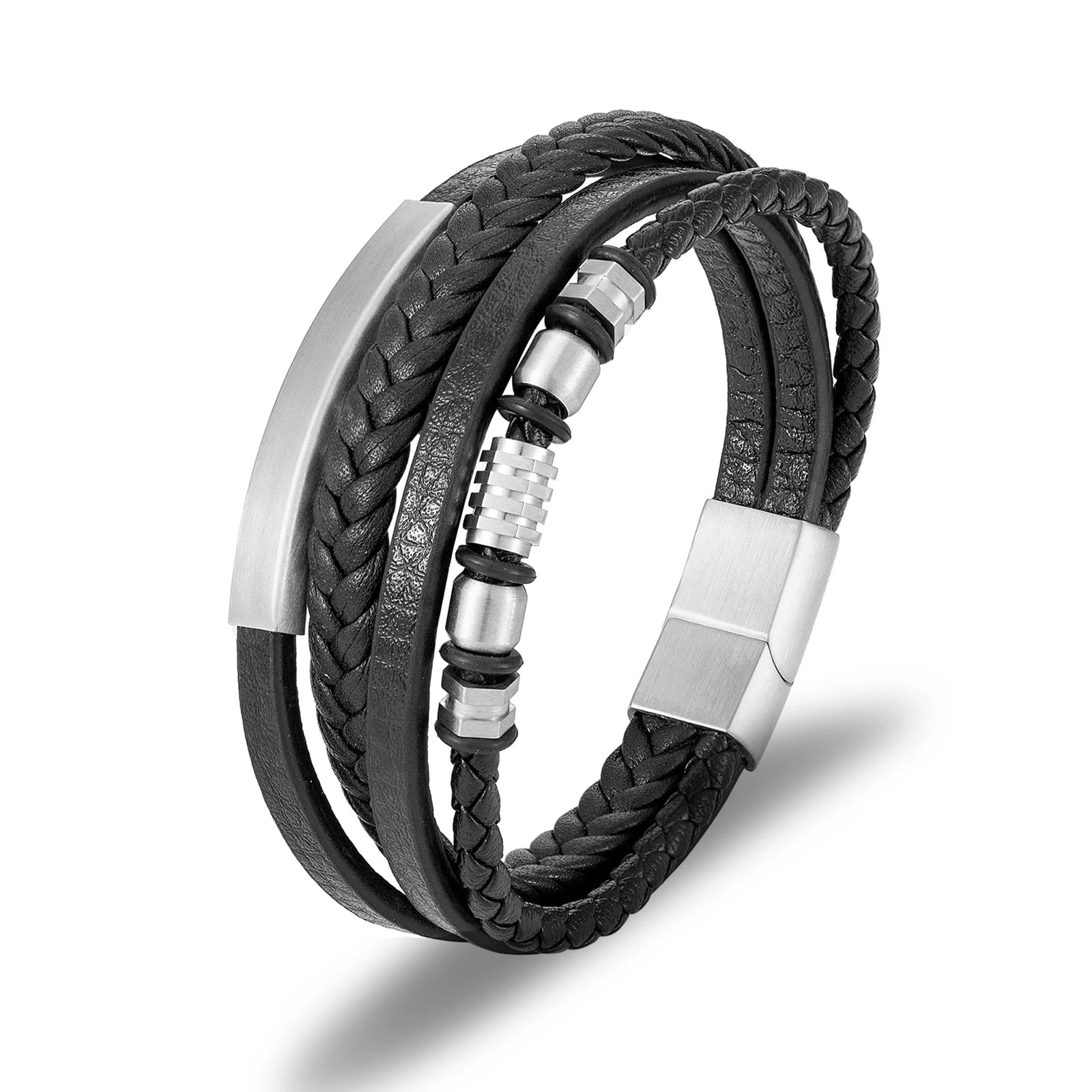 Custom Genuine Mens Leather Bracelet with Stainless Steel Magnetic Clasp Hand Jewelry MultiLayer Leather Bracelet