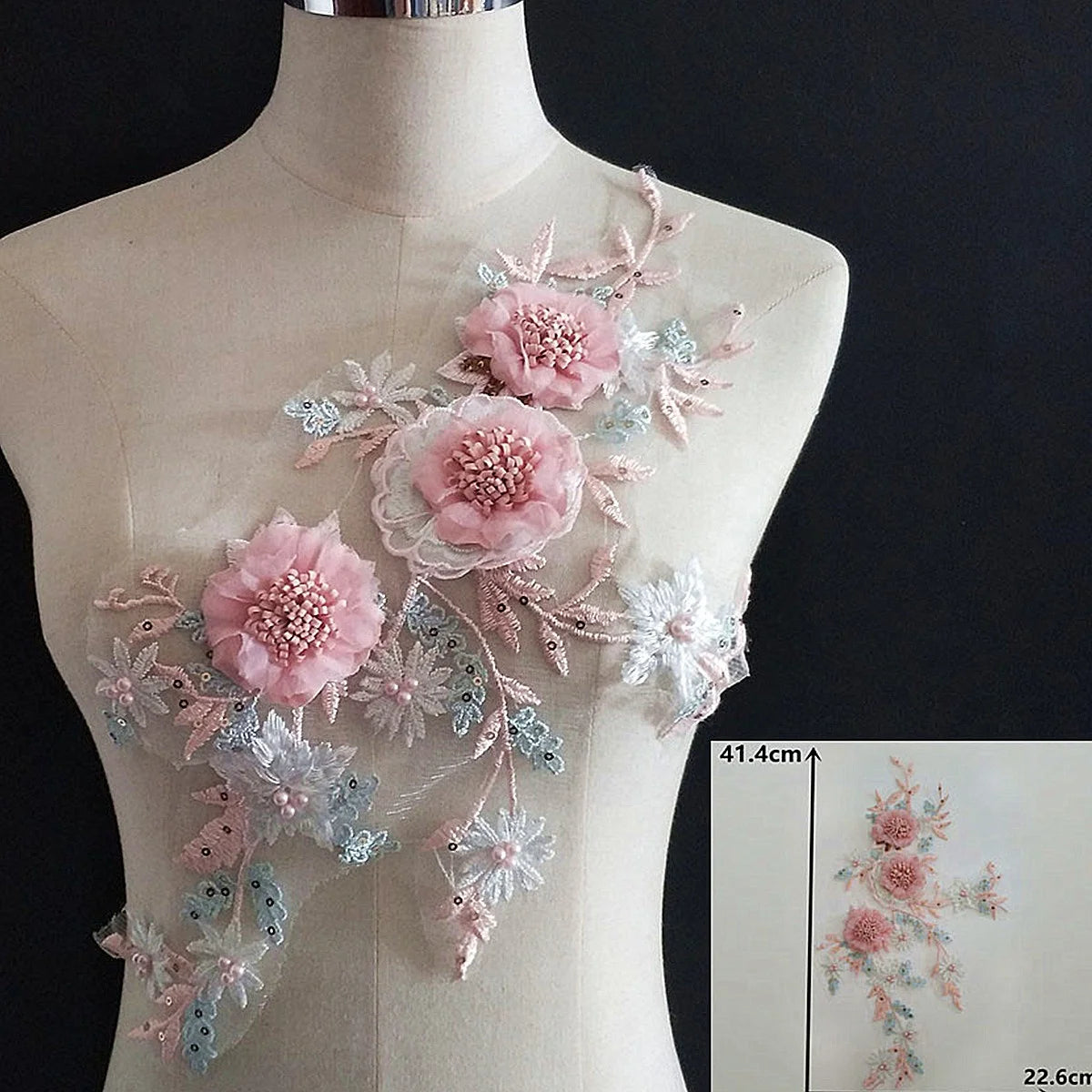 22CM Flower Embroidery Appliques Sew on Cloth Patch Wedding Dress Fabric Applique DIY Craft Decoration Lace Trim