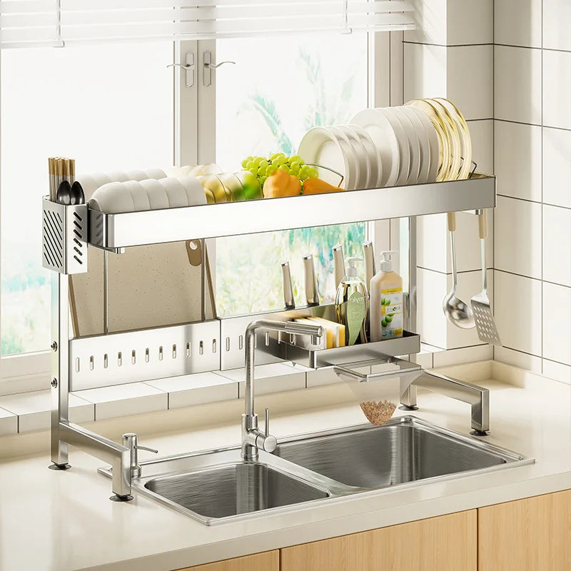 Stainless Steel Retractable  Dishwashing Rack Kitchen Sink Storage Bowl Rack Standing Type Installation for Dinnerware