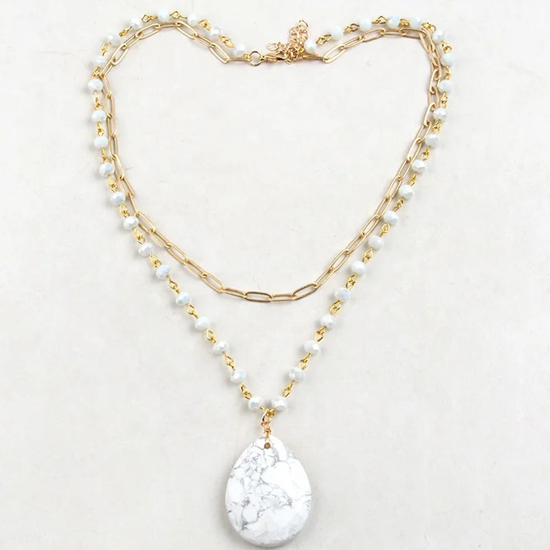 Fashion Bohemian Jewelry Accessory 2 Layer Chain 6mm Crystal Glass Necklace Stone Drop Charm Necklace