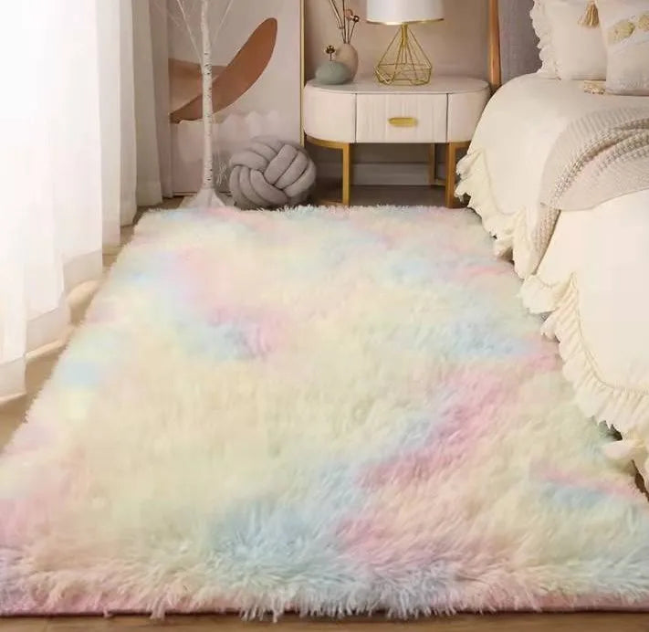 Modern Bedroom Rainbow Carpet Area Rug Fluffy Faux Fur Rug Non Slip Soft Fuzzy Rug