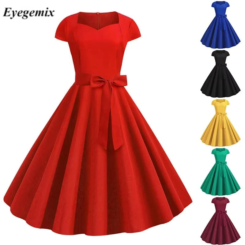 Eyegemix Elegant Office Party Dress 50s 60s Vintage Style High Waist A Line Midi Dress With Bow For Women Bulk