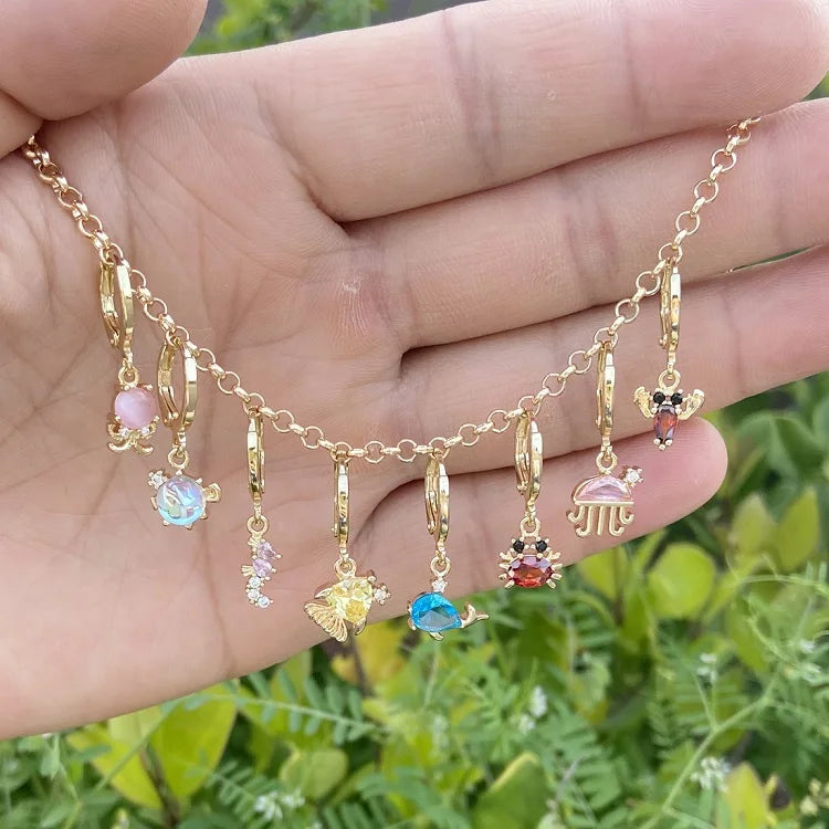 SC Cute Korean Style Earrings Hot Gold Plated Hoop Earrings Shiny Zircon Marine Animals Goldfish Crab Earrings for Teen Girls