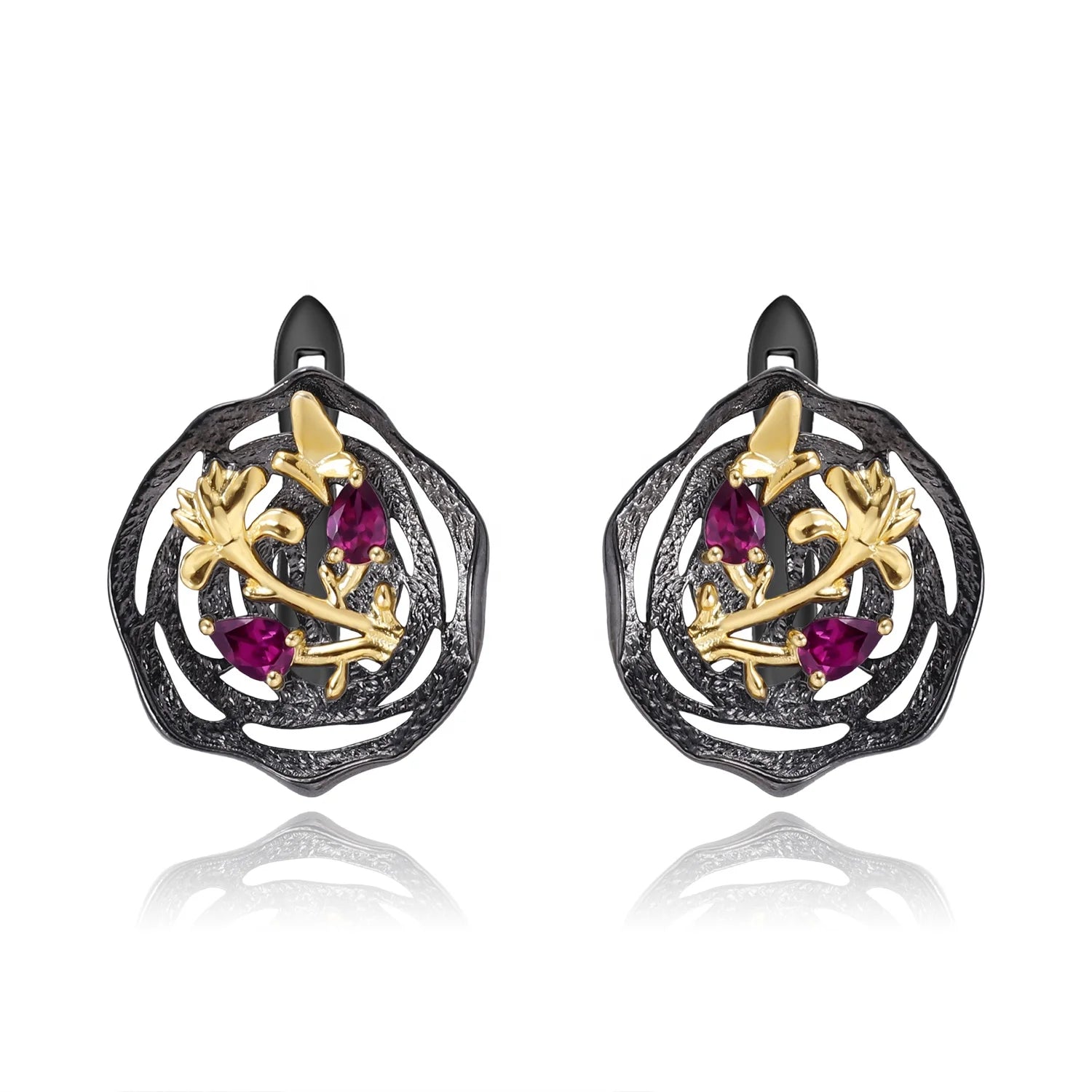 Abiding Natural Rhodolite Garnet Woman's Fashion Earrings 925 Sterling Silver Handmade Butterfly Flower Lotus Earrings