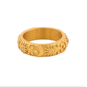 Emboss Stainless Steel Geometric Sun and Moon Colorful Zircon Ring 18K PVD Plated Wholesale Daily Jewelry