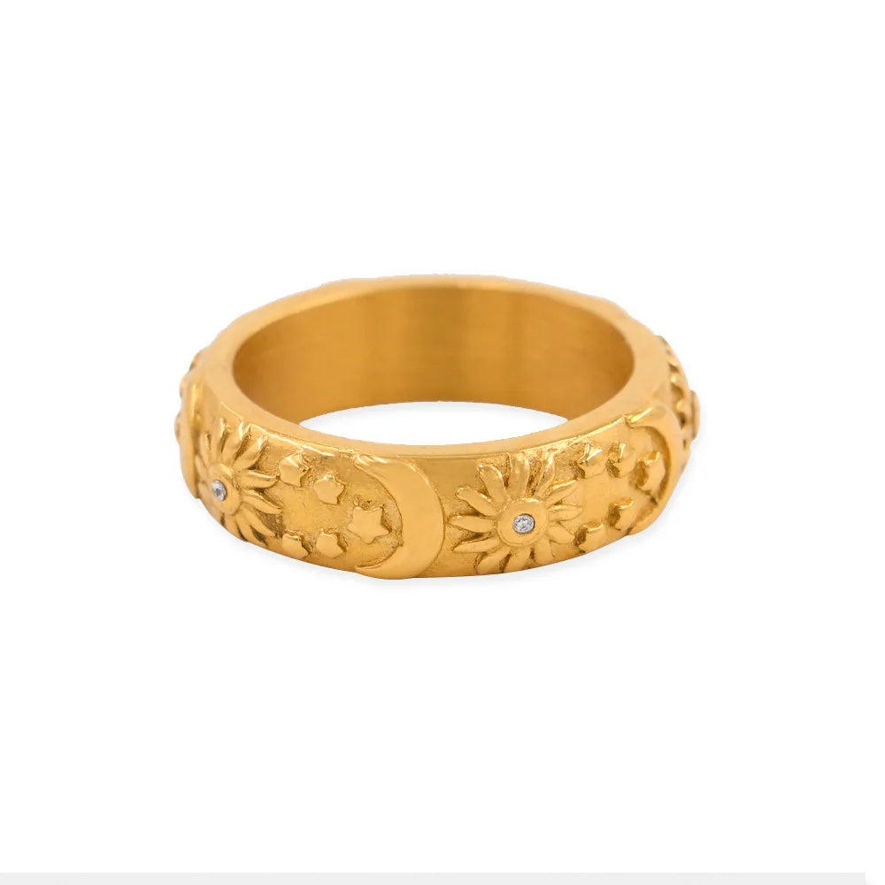 Emboss Stainless Steel Geometric Sun and Moon Colorful Zircon Ring 18K PVD Plated Wholesale Daily Jewelry