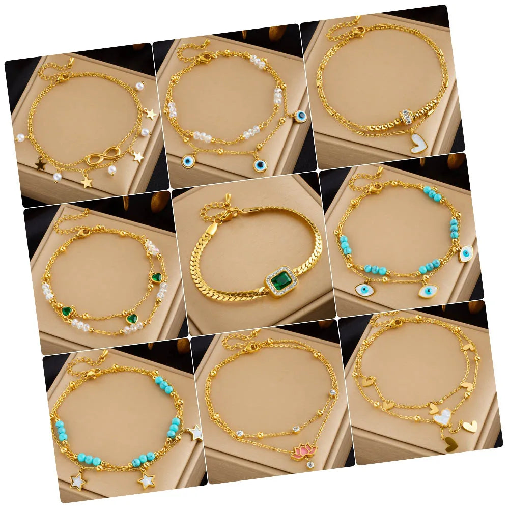Double Layer Infinity Heart Anklet Foot Chain Non Tarnish 18K Gold Plated Stainless Steel Evil Eye Ankle Bracelet