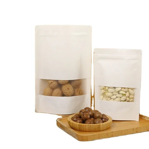 Brown and White Ziplock Kraft Paper Stand-up Pouches with Windowed Zipper for Food Packaging of Sugar Pet Food and Salad