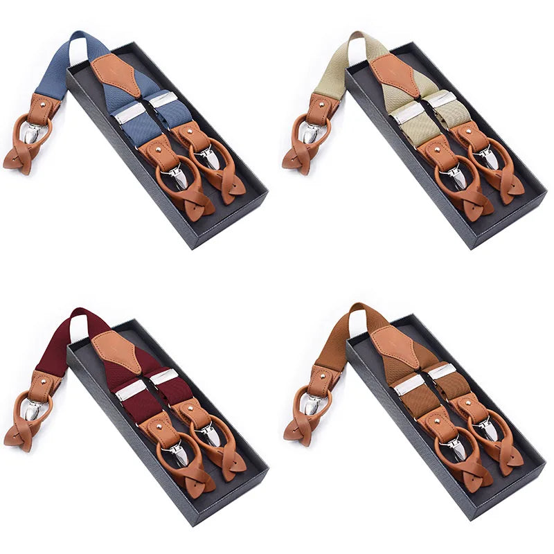 3.5cm Elastic Suspenders with Brown Leather Adult Men's Adjustable Suspenders Double-Use 6-clip for Adults