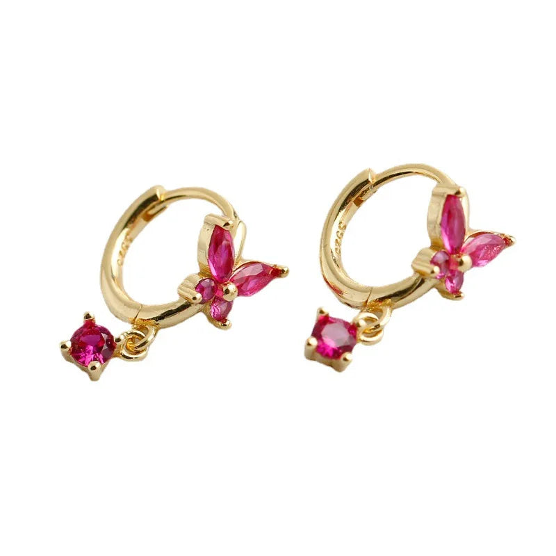 European Style Real Gold Plated Rainbow Crystal Butterfly Earrings S925 Silver Colorful CZ Zircon Butterfly Hoop Earring