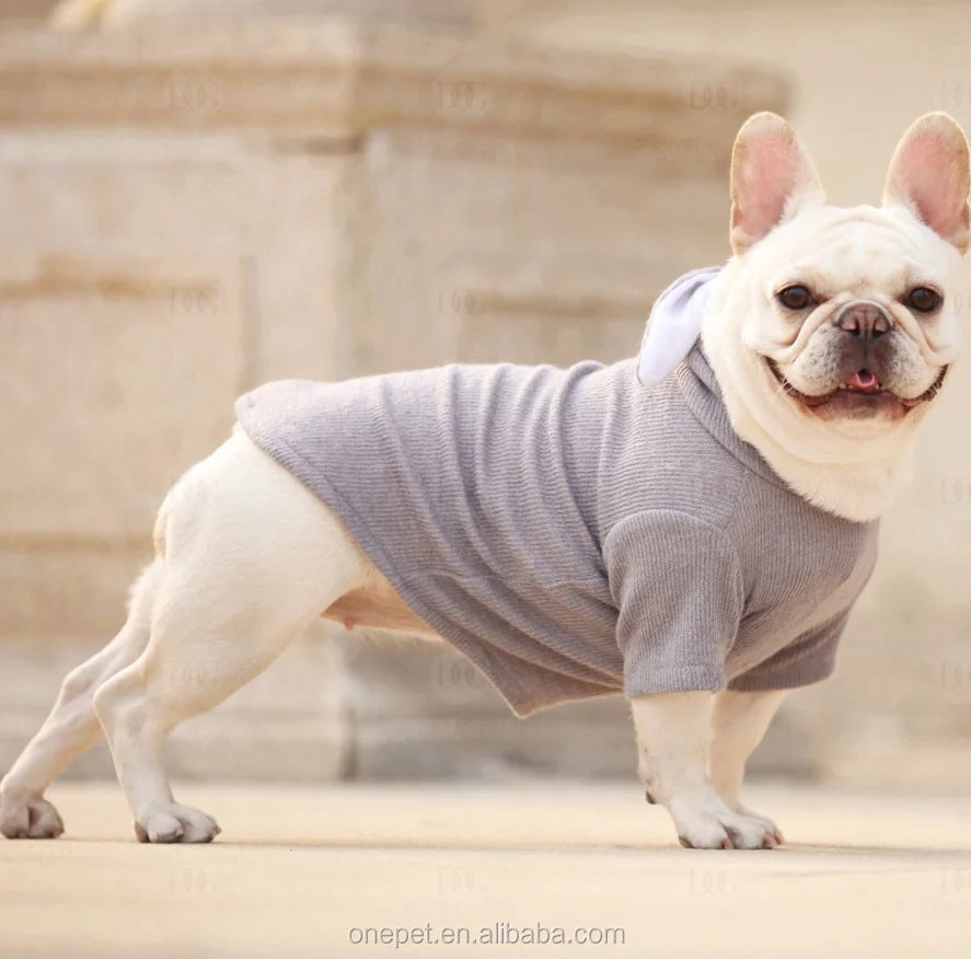 Luxury Winter Bulldog Dog Clothing with Rabbit Ear Coat Hood Solid Pattern Custom Designer Pet Apparel
