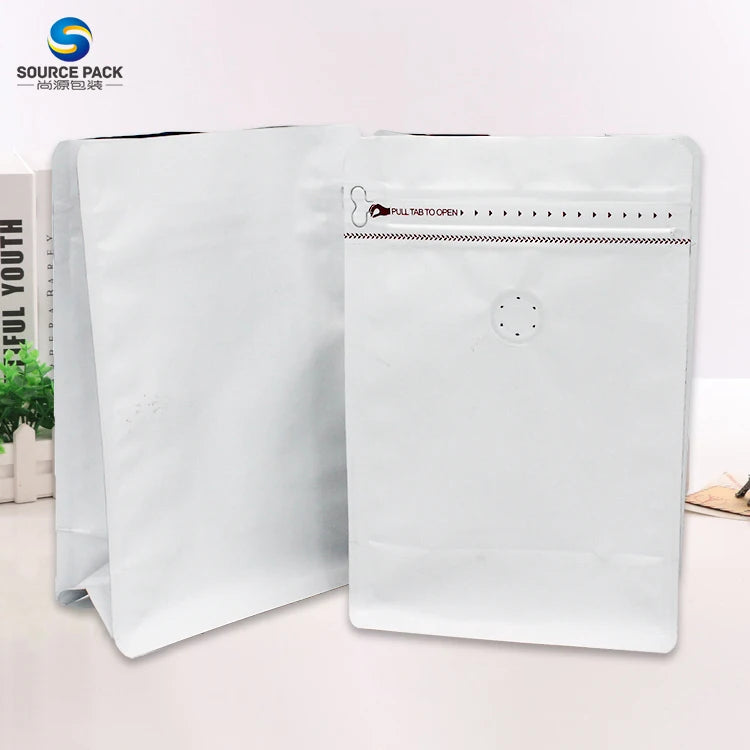 Coffee Bag With Valve and Zipper Bean Factory Custom Printed Flat Bottom 250g 1kg White Coffee Bag
