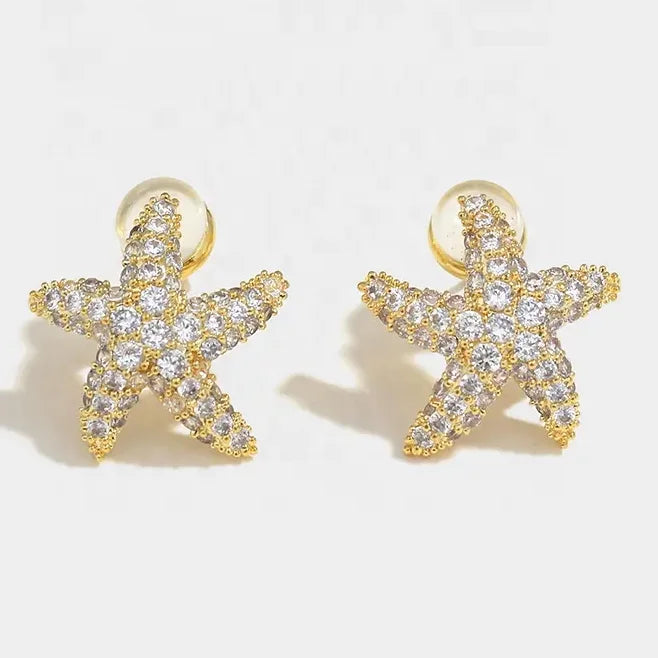 Fashion Personalized Brass Plating Real Gold Full Diamond Starfish Stud Earrings Custom Jewelry Gifts