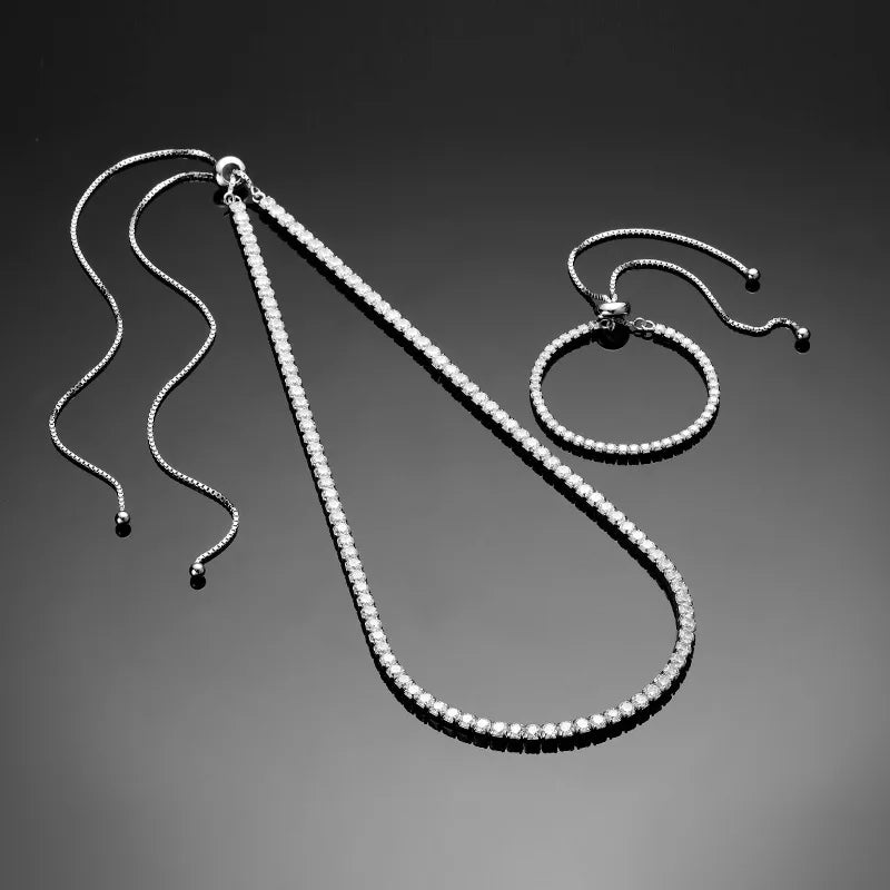 Fashion 925 Sterling Silver Zircon Tennis Bracelets Necklace Adjustable Diamond Jewelry Set for Women