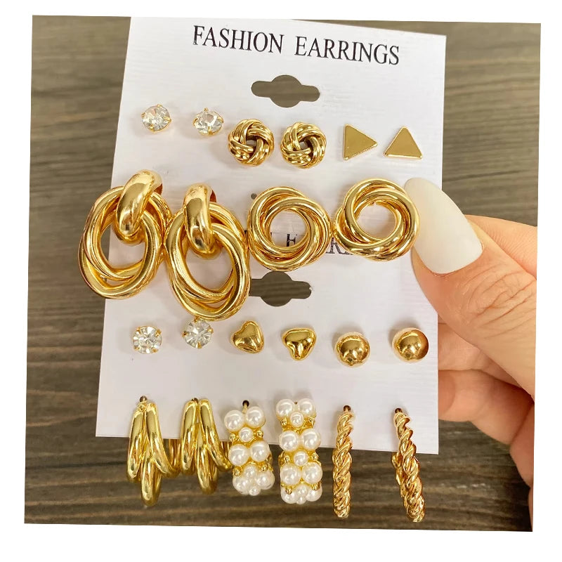 VKME Fashion Pearl Stud Earrings Set Gold Plated Screw Twisted Alloy Earring Smooth Chunky Hoop Earrings for Women
