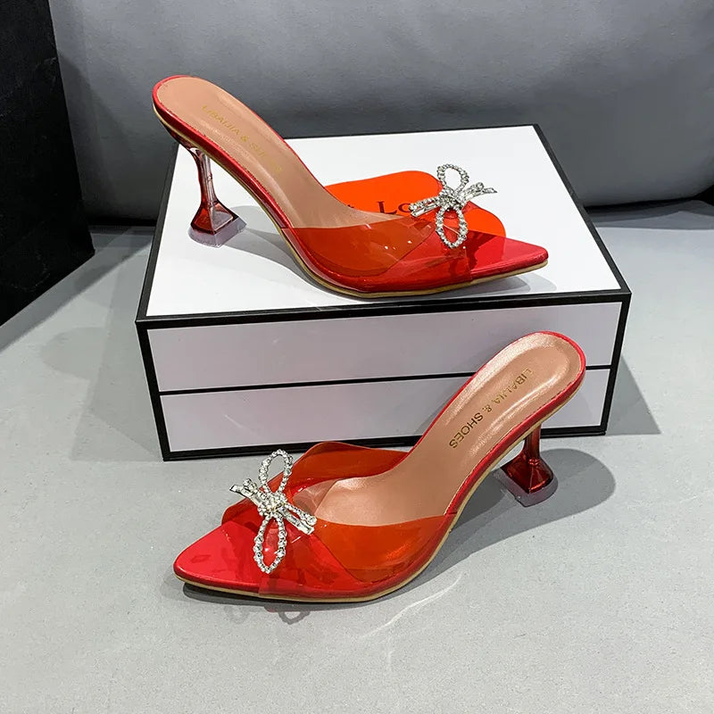 European and American Bow Tie Slim Heel Crystal Heel Sandals for Women With Pointed Toe High Heels Slippers