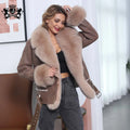 Janefur New Arrival  Soft Sheepskin Jacket Thick Warm Winter Lady Faux Fur Lining Leather Jacket Coat With Real fox Fur